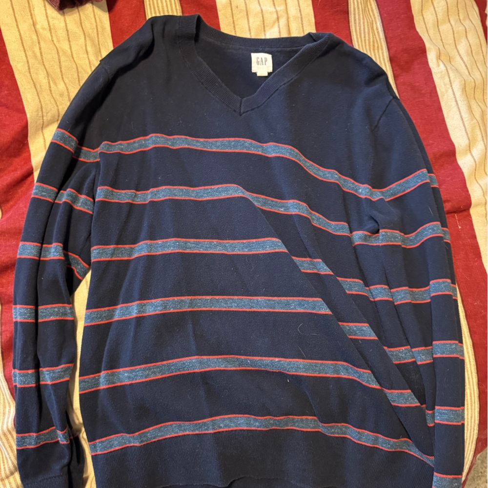 GAP V-Neck Sweater - Navy and Red Stripes